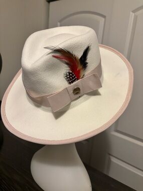 White & Blush Fedora Hat with Feather Trim